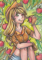 Size: 848x1200 | Tagged: safe, artist:holy-yume, derpibooru import, applejack, human, apple, clothes, daisy dukes, food, gloves, humanized, licking, licking lips, one eye closed, shirt, shorts, sitting, solo, tongue out, traditional art, wink