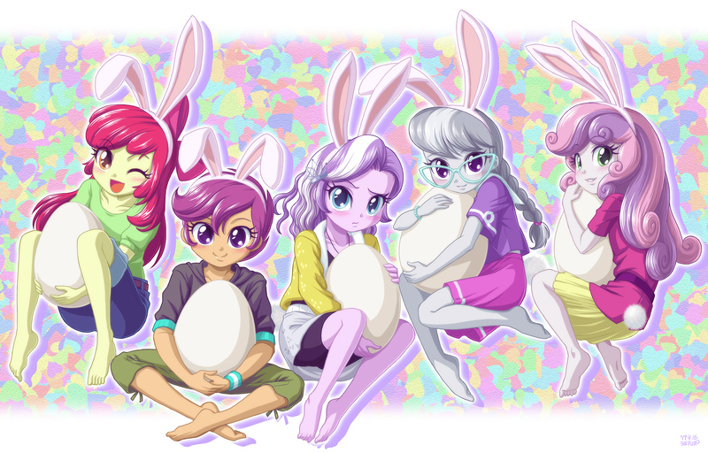 Size: 1500x960 | Tagged: safe, artist:uotapo, derpibooru import, apple bloom, diamond tiara, scootaloo, silver spoon, sweetie belle, equestria girls, adorabloom, barefoot, blushing, bunny ears, bunny tail, clothes, cute, cutealoo, cutie mark, cutie mark crusaders, diamondbetes, diasweetes, easter, easter egg, egg, feet, female, glasses, holiday, looking at you, one eye closed, open mouth, pants, silverbetes, skirt, uotapo is trying to murder us, wink