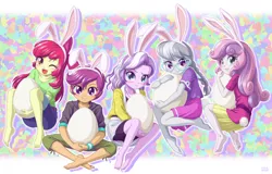 Size: 1500x960 | Tagged: safe, artist:uotapo, derpibooru import, apple bloom, diamond tiara, scootaloo, silver spoon, sweetie belle, equestria girls, adorabloom, barefoot, blushing, bunny ears, bunny tail, clothes, cute, cutealoo, cutie mark, cutie mark crusaders, diamondbetes, diasweetes, easter, easter egg, egg, feet, female, glasses, holiday, looking at you, one eye closed, open mouth, pants, silverbetes, skirt, uotapo is trying to murder us, wink