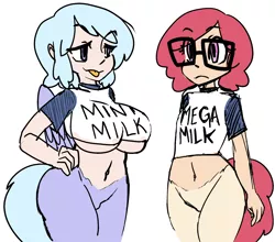 Size: 1940x1705 | Tagged: artist:/d/non, asset theft, breasts, delicious flat chest, derpibooru import, female, mega milk, meme, oc, oc:candy, oc:tonbo, offspring, parent:flitter, parent:twist, satyr, suggestive, underboob, unofficial characters only