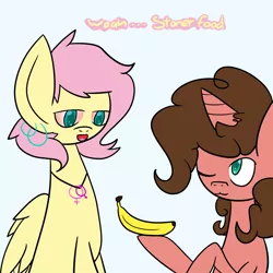 Size: 1000x1000 | Tagged: safe, artist:lesbian-fluttershy, derpibooru import, fluttershy, oc, oc:banana pie, unofficial characters only, pegasus, pony, unicorn, alternate hairstyle, banana, drugs, flutterhigh, food, high, image, marijuana, png, tumblr