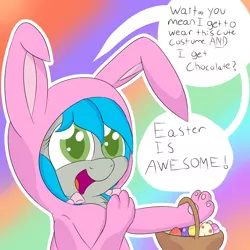 Size: 2000x2000 | Tagged: animal costume, artist:laptopbrony, bunny costume, clothes, costume, cute, derpibooru import, dialogue, oc, oc:darcy sinclair, safe, unofficial characters only