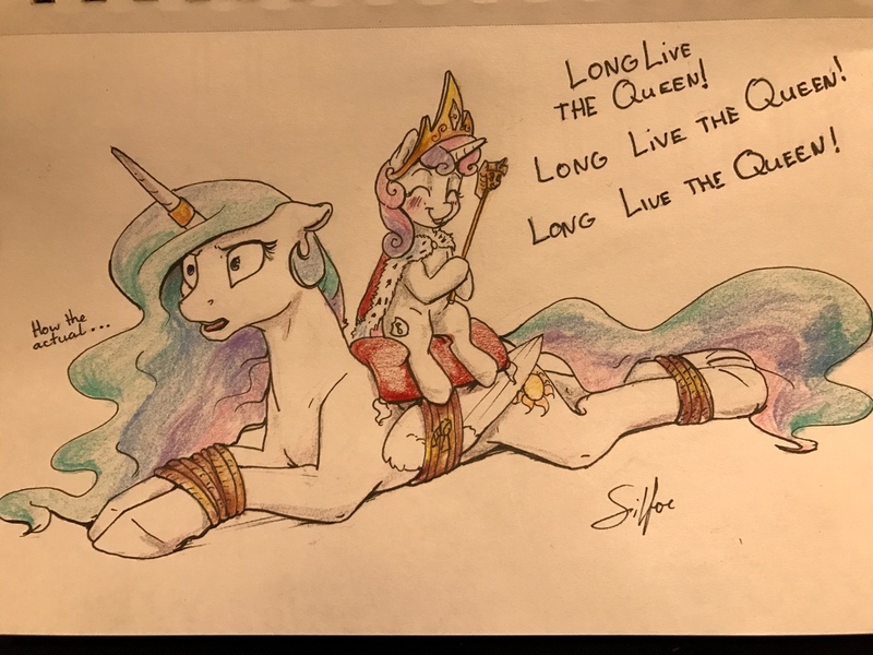 Size: 1280x960 | Tagged: safe, artist:silfoe, derpibooru import, princess celestia, sweetie belle, alicorn, pony, unicorn, royal sketchbook, accessory theft, blushing, bondage, bound wings, cape, clothes, cute, dialogue, diasweetes, female, filly, floppy ears, horn ring, how did it come to this, magic suppression, mare, missing accessory, open mouth, princess sweetie belle, prone, rope, saddle, scepter, tack, tied up, traditional art, twilight scepter, usurpation, wide eyes