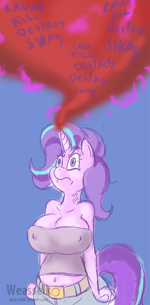 Size: 442x900 | Tagged: suggestive, artist:weasselk, derpibooru import, starlight glimmer, anthro, unicorn, .mov, all bottled up, anger magic, angry, belly button, big breasts, braless, breasts, busty starlight glimmer, cleavage, colored sketch, crush kill destroy swag, erect nipples, female, magic, mare, nipple outline, nipples, simple background, solo, solo female, swag, vein bulge