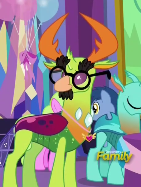 Size: 489x649 | Tagged: blues, celestial advice, changedling, changeling, cornicle, daisy, derpibooru import, discovery family logo, equestrian pink heart of courage, flower wishes, groucho mask, king thorax, noteworthy, safe, screencap, the thoraxguise, thorax