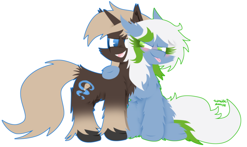 Size: 1024x611 | Tagged: safe, artist:vanillaswirl6, derpibooru import, oc, oc:dream contour, oc:petal dancer, unofficial characters only, earth pony, pony, unicorn, bedroom eyes, blushing, cheek fluff, chest fluff, chibi, colored eyelashes, commission, cute little fangs, cutie mark, duo, ear fluff, fangs, female, fluffy, male, no pupils, open mouth, scrunchy face, shoulder fluff, sitting, standing, straight, tongue out, unshorn fetlocks