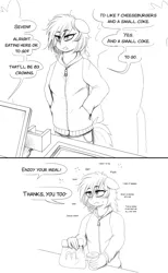 Size: 1063x1730 | Tagged: 2 panel comic, anthro, anthro oc, artist:replica, awkward moment, clothes, comic, derpibooru import, dialogue, female, floppy ears, grayscale, hair over one eye, hands in pockets, hoodie, lineart, mcdonald's, monochrome, oc, oc:replica, offscreen character, regret, safe, self deprecation, sketch, solo, speech bubble, sweat, sweatdrop, unofficial characters only, vulgar, y-you too