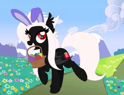 Size: 6952x5310 | Tagged: safe, artist:natusoulsilver, derpibooru import, oc, oc:midnight ruby, unofficial characters only, bat pony, pony, absurd resolution, basket, bunny ears, easter, easter basket, easter egg, long mane, long tail, red eyes