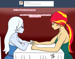 Size: 1361x1075 | Tagged: artist:deltalima, date, derpibooru import, dialogue, female, holding hands, human, humanized, lesbian, looking at each other, restaurant, safe, shipping, sunset shimmer, suntrix, trixie
