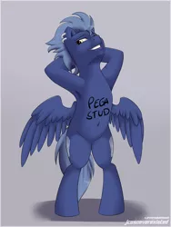 Size: 960x1280 | Tagged: suggestive, artist:jcosneverexisted, derpibooru import, oc, oc:feather bliss, unofficial characters only, pegasus, pony, armpits, bipedal, body writing, both cutie marks, ear piercing, male, piercing, simple background, solo, solo male, stallion, standing up, stretching