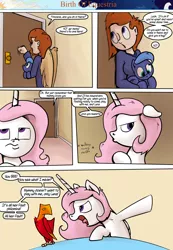 Size: 1280x1853 | Tagged: safe, artist:shieltar, derpibooru import, philomena, princess celestia, princess luna, oc, oc:grace harmony, alicorn, human, pony, comic:birth of equestria, cewestia, comic, dialogue, female, filly, floppy ears, misunderstanding, patreon, pink-mane celestia, pouting, sibling rivalry, speech bubble, winged human, woona, younger