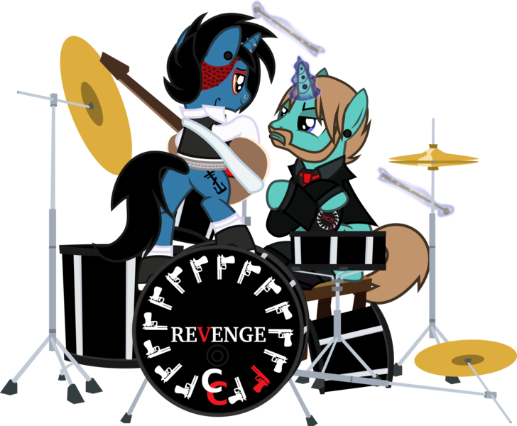 Size: 2792x2300 | Tagged: safe, artist:lightningbolt, derpibooru import, ponified, pony, unicorn, .svg available, angry, armband, belt, bipedal, bob bryar, chair, clothes, crossed hooves, drums, drumsticks, duo, duo male, ear piercing, emo, facial hair, frank iero, gauges, glare, glowing horn, grin, guitar, guitar strap, horn piercing, lidded eyes, looking at each other, male, my chemical romance, necktie, nose piercing, piercing, plot, shirt, shoes, simple background, sitting, smiling, socks, stallion, standing, suit, svg, tattoo, three cheers for sweet revenge, transparent background, undercut, undershirt, vector, vest