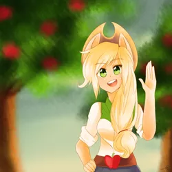 Size: 1024x1024 | Tagged: safe, artist:chokico, derpibooru import, applejack, equestria girls, apple, apple tree, food, looking at you, ponied up, solo, tree, waving, welcome
