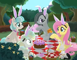 Size: 1056x816 | Tagged: safe, artist:lavendus, derpibooru import, angel bunny, coco pommel, fluttershy, marble pie, vapor trail, butterfly, cat, earth pony, pegasus, pony, basket, bunny ears, cake, cocobetes, cup, cute, cuteness overload, easter, easter egg, female, food, forest, hnnng, marblebetes, mare, picnic, shyabetes, teacup, the council of shy ponies, tree, vaporbetes