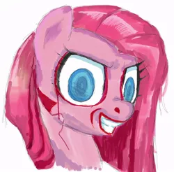 Size: 948x934 | Tagged: semi-grimdark, artist:buttercupsaiyan, deleted from derpibooru, derpibooru import, pinkie pie, earth pony, pony, blood, bust, evil grin, female, grin, looking at you, mare, pinkamena diane pie, portrait, simple background, smiling, solo, white background