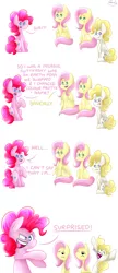 Size: 1432x3300 | Tagged: safe, artist:tctwig, derpibooru import, fluttershy, pinkie pie, posey, surprise, pony, :3, :d, :t, cheering, fluttershy is not amused, g1, g1 to g4, generation leap, generational ponidox, posey is not amused, pun, sitting, tongue out, unamused