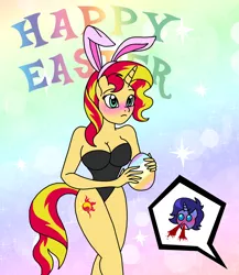 Size: 1024x1178 | Tagged: dead source, suggestive, artist:melspyrose, derpibooru import, sunset shimmer, oc, oc:midnight shade, anthro, equestria girls, blood, breasts, bunny ears, bunny suit, busty sunset shimmer, clothes, easter, easter egg, female, leotard, nosebleed, playboy bunny