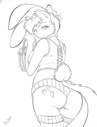 Size: 632x825 | Tagged: anthro, artist:anonipony, basket, breasts, bunny ears, bunny suit, clothes, derpibooru import, easter, easter basket, easter bunny, easter egg, female, lingerie, looking at you, monochrome, oc, oc:noni, sketch, suggestive, unofficial characters only