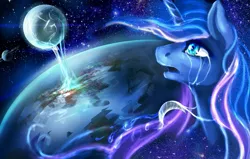 Size: 1665x1059 | Tagged: safe, artist:elkaart, derpibooru import, princess luna, pony, banishment, crying, earth, mare in the moon, moon, saturn, solo, space, stars