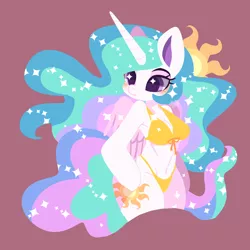 Size: 1858x1858 | Tagged: safe, artist:snow angel, derpibooru import, princess celestia, alicorn, anthro, pony, unguligrade anthro, adorasexy, arm hooves, bikini, blushing, breasts, busty princess celestia, clothes, colored pupils, cute, cutelestia, cutie mark, ethereal mane, ethereal tail, female, flowing mane, flowing tail, frown, hoof on hip, mare, missing accessory, multicolored mane, multicolored tail, praise the sun, purple eyes, royalty, sexy, simple background, solo, sparkles, starry eyes, stupid sexy celestia, sun, swimsuit, wingding eyes, wings