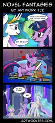 Size: 2792x6232 | Tagged: safe, artist:drawponies, artist:ecartoonman, derpibooru import, princess celestia, spike, twilight sparkle, twilight sparkle (alicorn), alicorn, dragon, pony, celestial advice, absurd resolution, bibliophile, book, cargo ship, comic, dialogue, eyes closed, female, heart, kissing, meme origin, open mouth, shipping, speech bubble, that pony sure does love books, there is no wrong way to fantasize, twibook, wide eyes