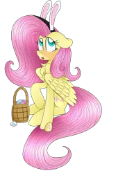 Size: 2508x3744 | Tagged: safe, artist:cosmiickatie, derpibooru import, fluttershy, basket, bunny ears, easter, easter egg, floppy ears, looking up, open mouth, raised hoof, simple background, sitting, solo, transparent background