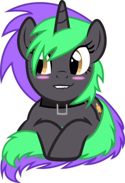 Size: 737x1085 | Tagged: safe, artist:david fire, derpibooru import, oc, oc:frenzy nuke, unofficial characters only, pony, unicorn, blushing, collar, simple background, transparent background, vector