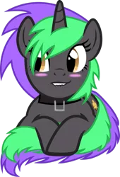 Size: 737x1085 | Tagged: safe, artist:david fire, derpibooru import, oc, oc:frenzy nuke, unofficial characters only, pony, unicorn, blushing, collar, simple background, transparent background, vector