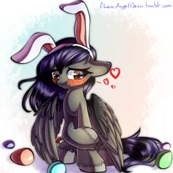 Size: 2000x2000 | Tagged: safe, artist:chaosangeldesu, derpibooru import, oc, oc:rune riddle, unofficial characters only, pegasus, pony, blushing, bunny ears, female, high res, mare, sitting, solo