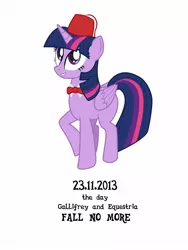 Size: 1152x1536 | Tagged: safe, artist:mozgan, derpibooru import, twilight sparkle, twilight sparkle (alicorn), alicorn, pony, bowtie, day of the doctor, doctor who, fez, gallifrey falls no more, hat, solo