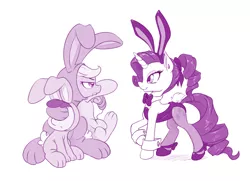 Size: 1000x725 | Tagged: safe, artist:dstears, derpibooru import, apple bloom, applejack, rarity, sweetie belle, earth pony, pony, unicorn, animal costume, bunny costume, bunny ears, bunny suit, clothes, costume, covering, cufflinks, cuffs (clothes), easter, female, filly, freckles, leotard, looking at each other, misinterpretation, monochrome, pantyhose, playboy bunny, ponytail, raised hoof, simple background