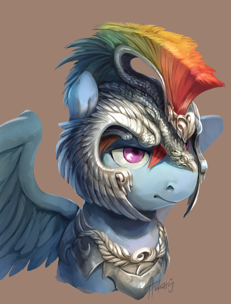 Size: 2005x2639 | Tagged: safe, artist:audrarius, derpibooru import, rainbow dash, pegasus, pony, armor, bust, female, helmet, looking away, mare, portrait, simple background, solo, spread wings, wings