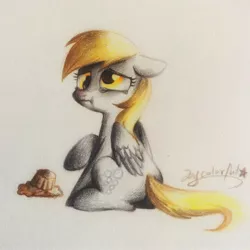 Size: 1936x1936 | Tagged: safe, artist:colorfulcolor233, derpibooru import, derpy hooves, pegasus, pony, crying, female, floppy ears, food, mare, muffin, raised hoof, sitting, solo, traditional art, wavy mouth