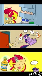 Size: 495x900 | Tagged: safe, artist:rvceric, derpibooru import, sunset shimmer, twilight sparkle, twilight sparkle (alicorn), alicorn, pony, unicorn, ..., comic, door, drink, duo, egg, eyes closed, female, glowing horn, kick, magic, mare, pun, refrigerator, smiling, sunny d, sunshine shimmer