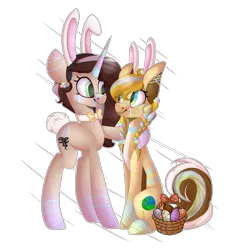 Size: 2593x2754 | Tagged: safe, artist:umiimou, derpibooru import, oc, unofficial characters only, earth pony, pony, unicorn, basket, bunny ears, easter, easter basket, easter egg, female, high res, mare, simple background, sitting, transparent background