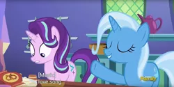 Size: 1920x960 | Tagged: safe, derpibooru import, screencap, starlight glimmer, trixie, pony, all bottled up, discovery family logo, food, implied lesbian, implied shipping, implied startrix, meme, pretzel, youtube caption