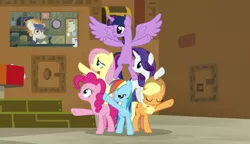 Size: 1280x738 | Tagged: safe, derpibooru import, screencap, applejack, dave the intern, fluttershy, pinkie pie, rainbow dash, rarity, twilight sparkle, twilight sparkle (alicorn), alicorn, earth pony, pegasus, pony, unicorn, all bottled up, animation error, best friends until the end of time, bipedal, female, male, mane six, mare, stallion, youtube link