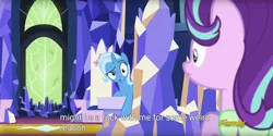 Size: 1920x960 | Tagged: suggestive, derpibooru import, edit, edited screencap, screencap, starlight glimmer, trixie, pony, unicorn, all bottled up, caption, female, implied lesbian, implied sex, implied shipping, implied startrix, mare, meme, vulgar, youtube caption