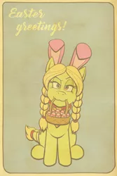 Size: 1200x1800 | Tagged: artist:regularmouseboy, basket, braid, bunny ears, clothes, cutie mark, derpibooru import, easter, easter egg, female, granny smith, looking at you, retro, safe, scarf, simple background, sitting, solo, vintage, young granny smith