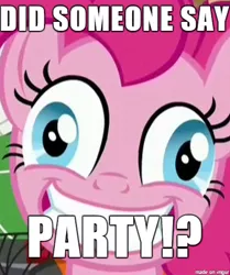 Size: 412x492 | Tagged: bronybait, derp, derpibooru import, edit, edited screencap, faic, image macro, insanity, meme, obsessed, obsession, party, pinkie derp, pinkie fuel, pinkie pie, ppov, run, safe, screencap, solo, this will end in parties
