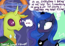 Size: 4823x3445 | Tagged: absurd resolution, anxiety, artist:darkest-lunar-flower, blushing, celestial advice, changedling, changeling, derpibooru import, embarrassed, king thorax, princess luna, safe, social anxiety, sweat, :t, thorax, wat