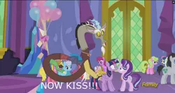 Size: 1911x1018 | Tagged: safe, derpibooru import, edit, edited screencap, screencap, apple bloom, berry punch, berryshine, bon bon, cherry berry, daisy, discord, flower wishes, linky, lucky clover, scootaloo, shoeshine, starlight glimmer, sweetie belle, sweetie drops, twilight sparkle, twilight sparkle (alicorn), alicorn, pony, celestial advice, discovery family logo, equestrian pink heart of courage, image macro, meme, now kiss