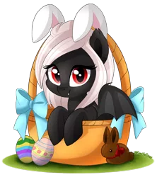 Size: 2754x3097 | Tagged: safe, artist:mimijuliane, derpibooru import, oc, oc:midnight ruby, unofficial characters only, bat pony, pony, rabbit, basket, bunny ears, chocolate bunny, cute, easter, easter basket, easter egg, fangs, hnnng, pony in a basket, red eyes, ribbon, spread wings, wings