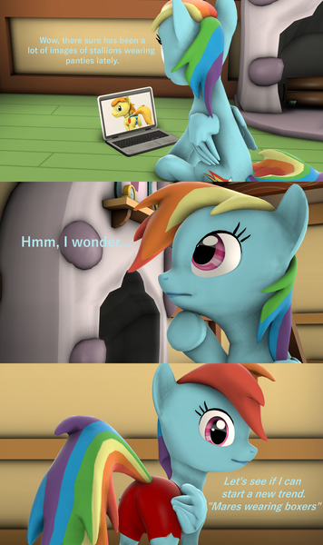 Size: 1920x3240 | Tagged: 3d, artist:papadragon69, boxer briefs, boxers, braeburn, clothes, computer, crossdressing, derpibooru import, dialogue, laptop computer, looking at you, panties, plot, rainbow dash, shorts, sitting, source filmmaker, suggestive, thinking, underwear