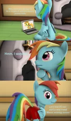 Size: 1920x3240 | Tagged: 3d, artist:papadragon69, boxer briefs, boxers, braeburn, clothes, computer, crossdressing, derpibooru import, dialogue, laptop computer, looking at you, panties, plot, rainbow dash, shorts, sitting, source filmmaker, suggestive, thinking, underwear