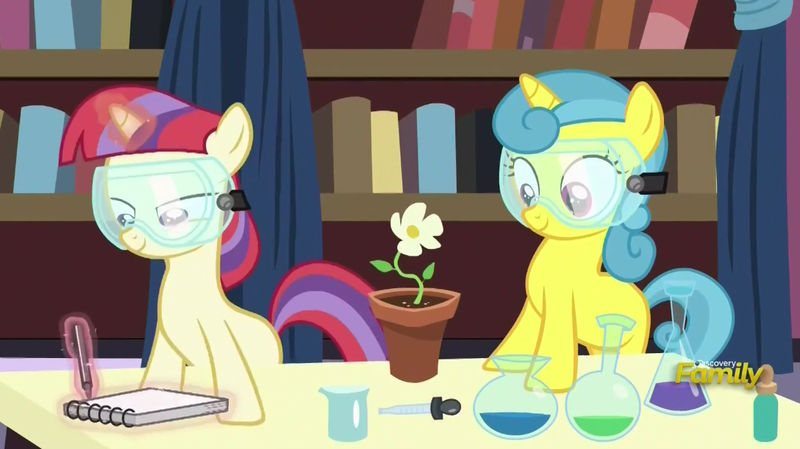 Size: 1135x637 | Tagged: safe, derpibooru import, screencap, lemon hearts, moondancer, pony, celestial advice, alchemy, blank flank, cute, discovery family logo, female, filly, flask, flower, flower pot, goggles, lemonbetes, levitation, looking at something, magic, notebook, pen, potion, safety goggles, telekinesis, writing, younger