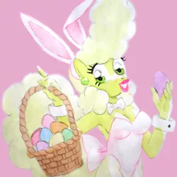 Size: 730x730 | Tagged: suggestive, artist:mod wit, derpibooru import, oc, unofficial characters only, earth pony, basket, bowtie, breasts, cuffs (clothes), earth pony oc, easter, easter basket, easter egg, female, lipstick, solo