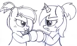 Size: 2500x1495 | Tagged: source needed, useless source url, safe, artist:an-tonio, derpibooru import, oc, oc:silver draw, oc:uppercute, unofficial characters only, earth pony, pony, unicorn, boxing gloves, freckles, monochrome, simple background, sketch, white background