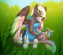 Size: 4000x3500 | Tagged: anthro, anthro oc, artist:askbubblelee, bandage, basket, chocolate bunny, clothes, cute, derpibooru import, dress, easter, easter egg, eating, female, freckles, gift art, grass, long tail, looking down, mare, oc, pegasus, rabbit, safe, unofficial characters only