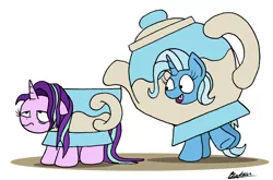 Size: 1954x1287 | Tagged: safe, artist:bobthedalek, derpibooru import, starlight glimmer, trixie, pony, unicorn, all bottled up, clothes, costume, cup, female, happy, mare, simple background, stressed, teacup, teapot, that pony sure does love teacups, unamused, white background